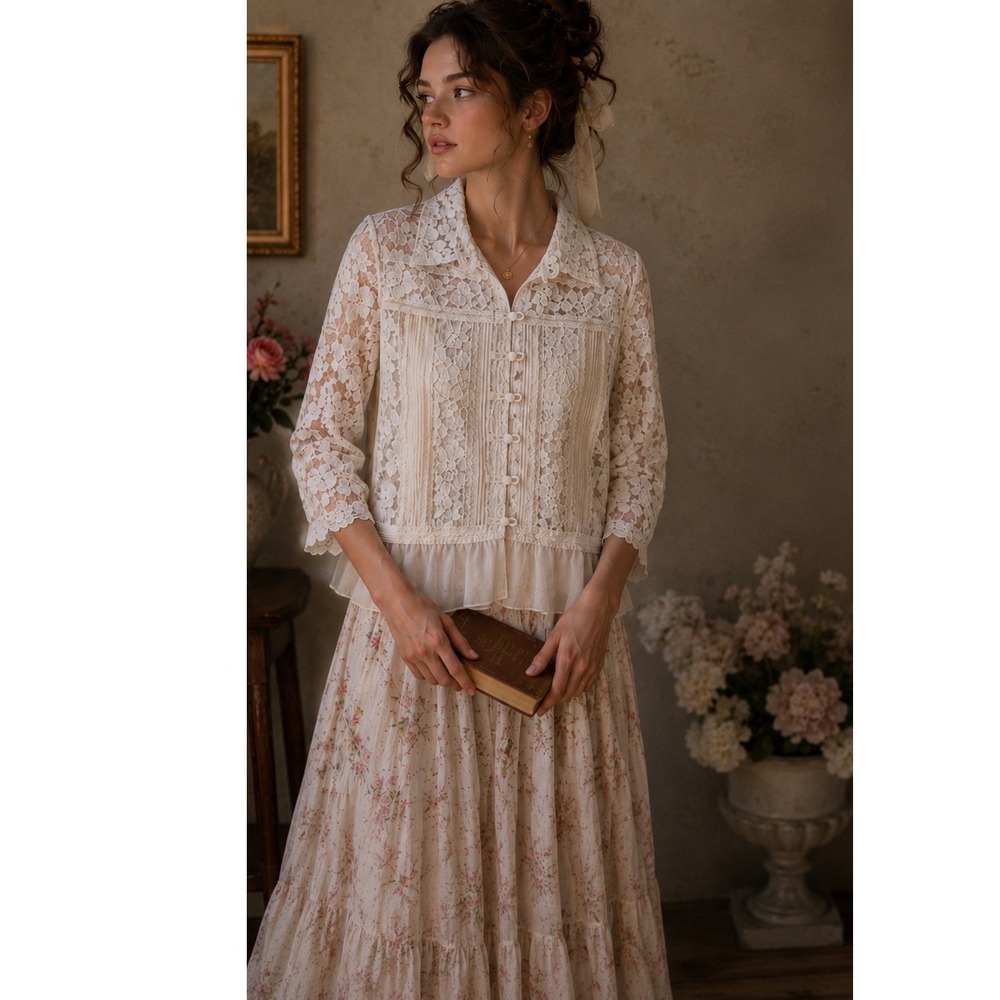 Cream Floral Lace Button Down‎ Blouse Silk Blend Coquette Cottagecore Romantic